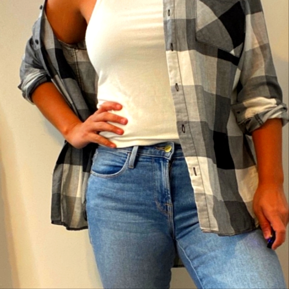 Black/white/grey flannel button up